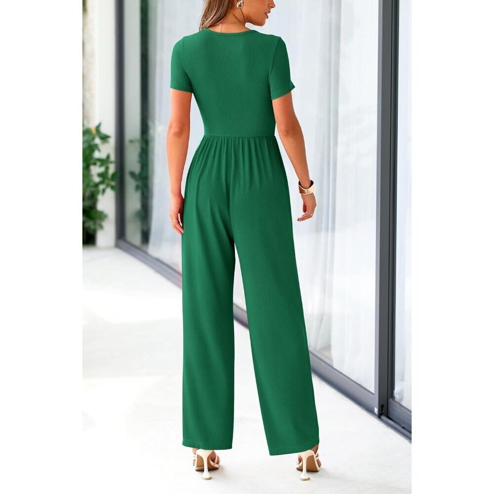 Women's Green Summer Short Sleeve Square Neck Wide Leg Rompers Jumpsuits - Picture 2 of 8